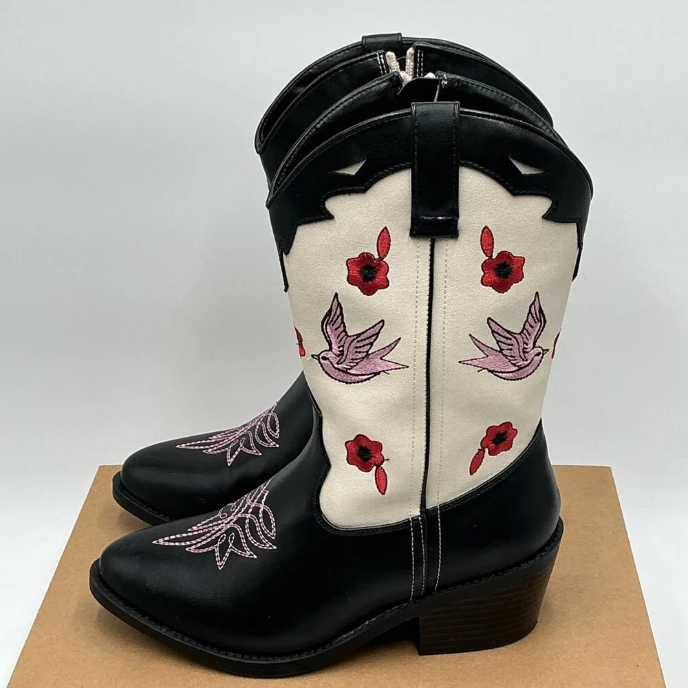 Steve Madden Nectar Girls 4 M Black Embroidered Side Zip Western Boots Ebay5442